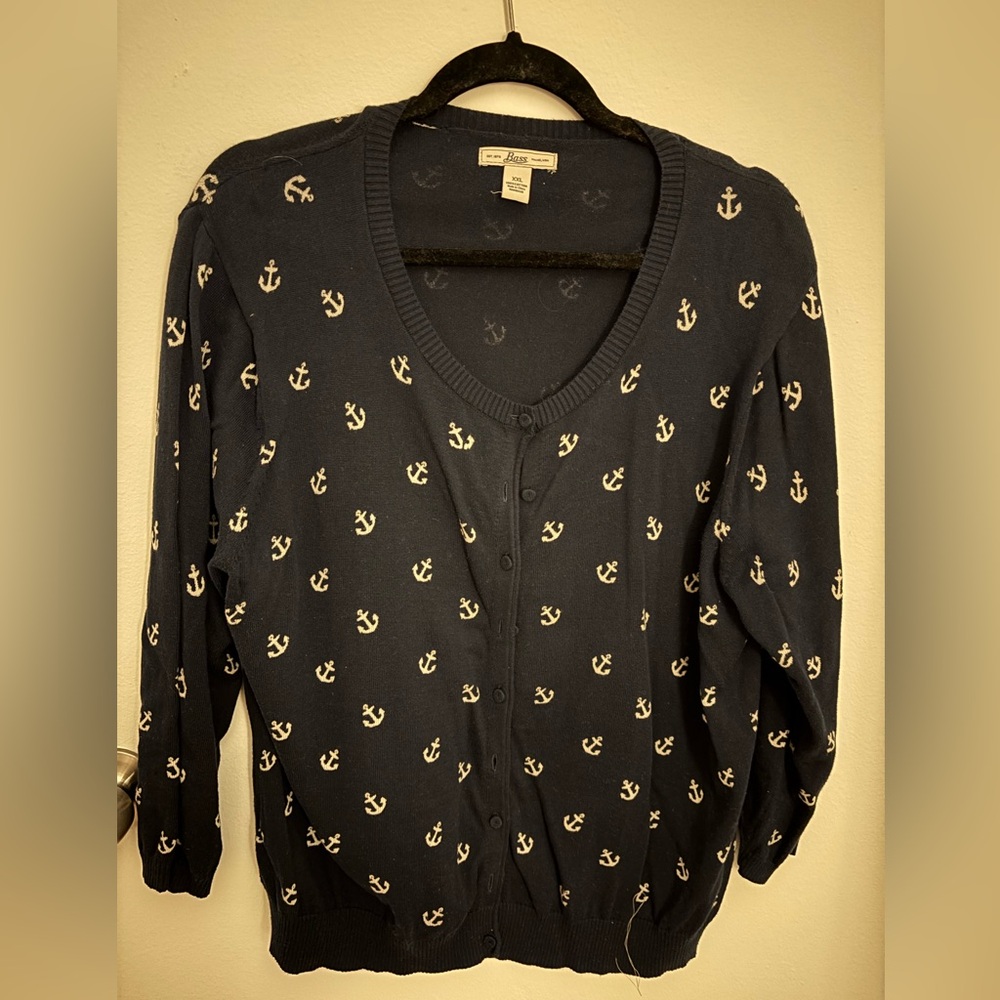 Bass Navy Cardigan with White Anchor Motif